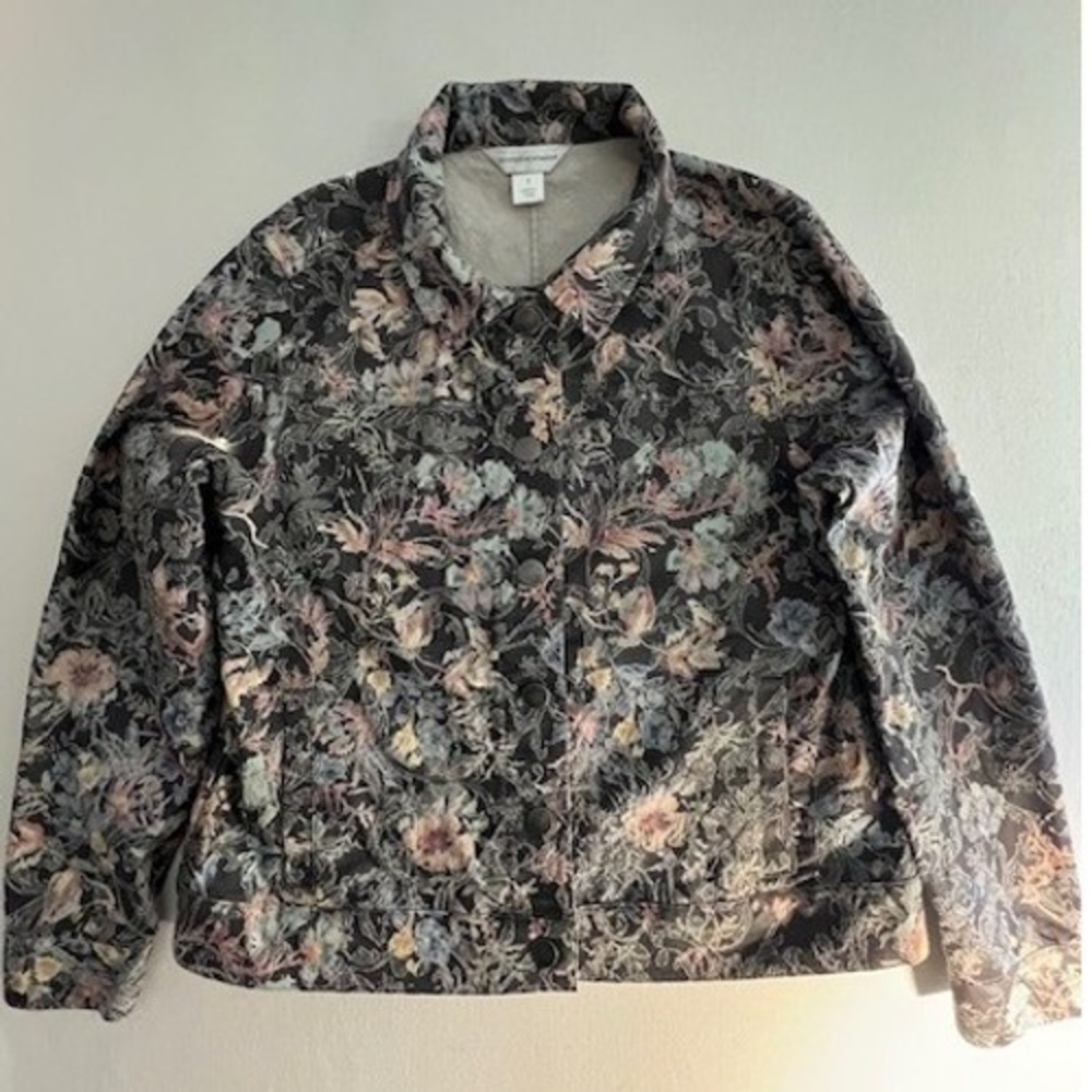 Christopher & Banks Floral Jacket Womens Small Gray Pink Metallic Button Front